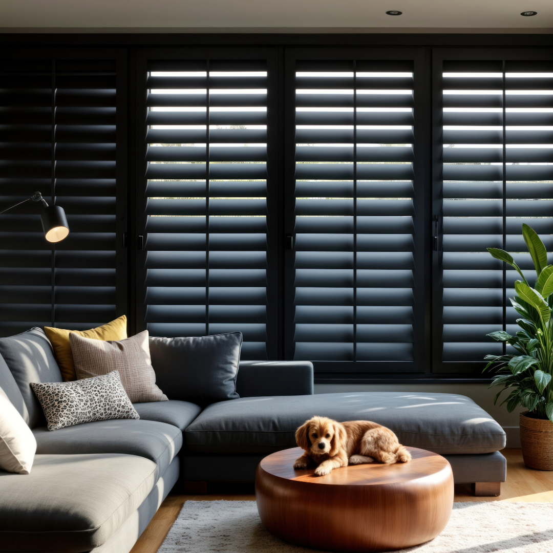 black plantation shutters in the living room